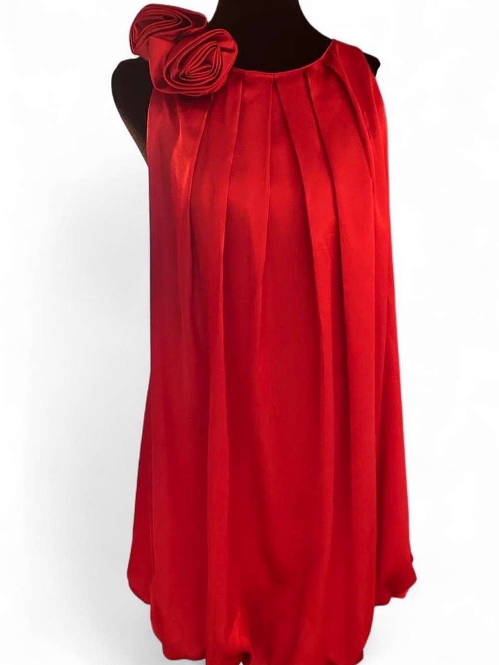 Y2K  Red Pleated bubble  Mini Dress with Rosette Shoulder